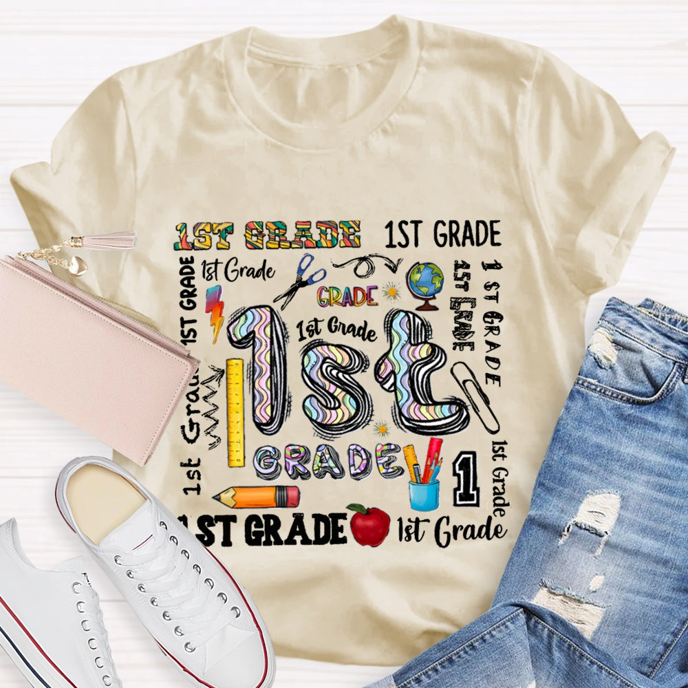 Personalized Grade School Supplies Icons Teacher T-Shirt