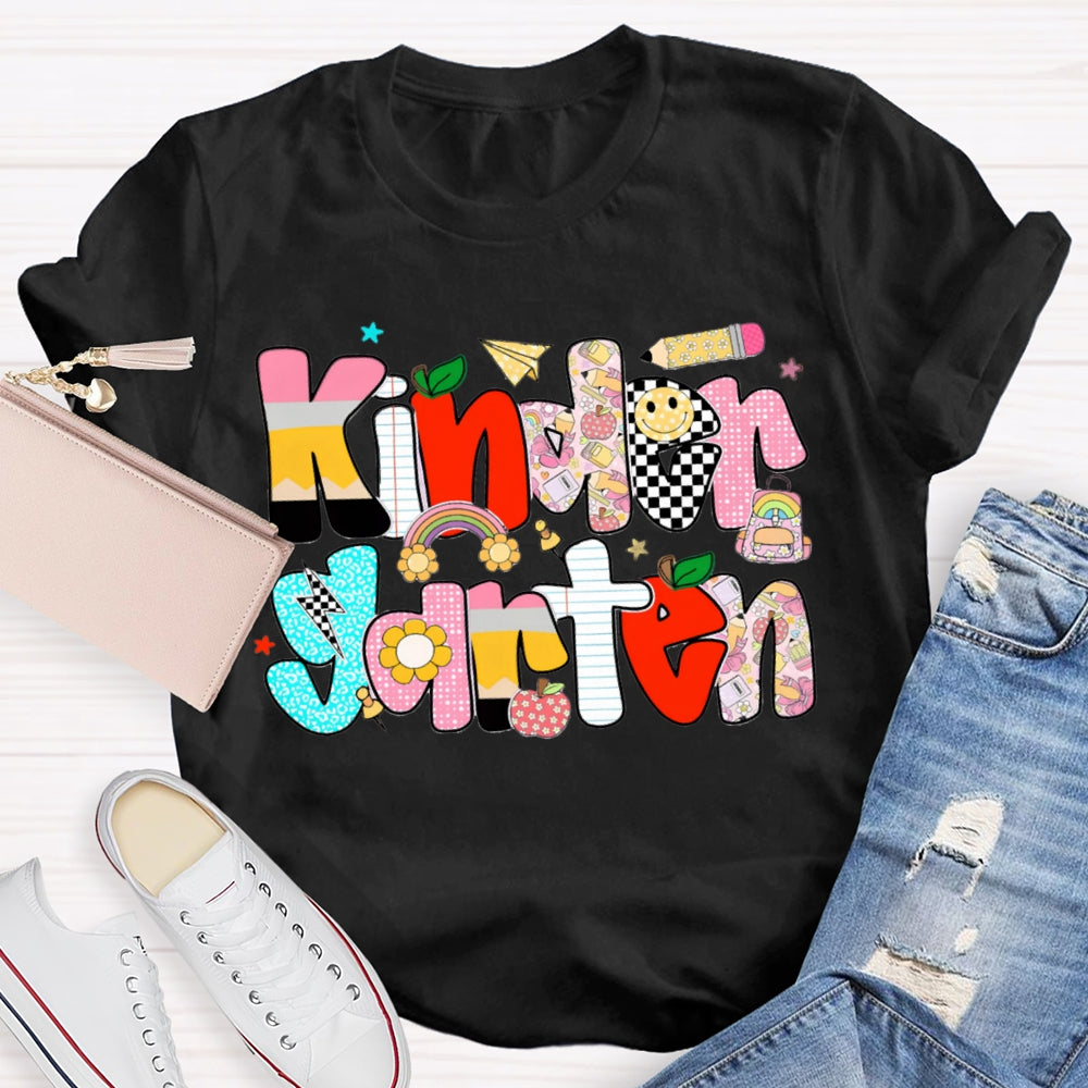 Personalized Grade Kindergarten Colored Letters Teacher T-shirt