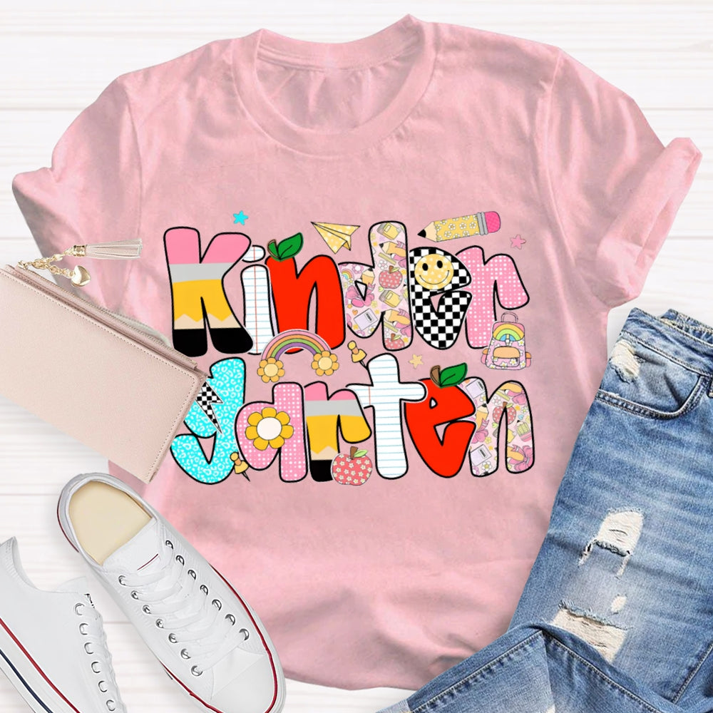 Personalized Grade Kindergarten Colored Letters Teacher T-shirt