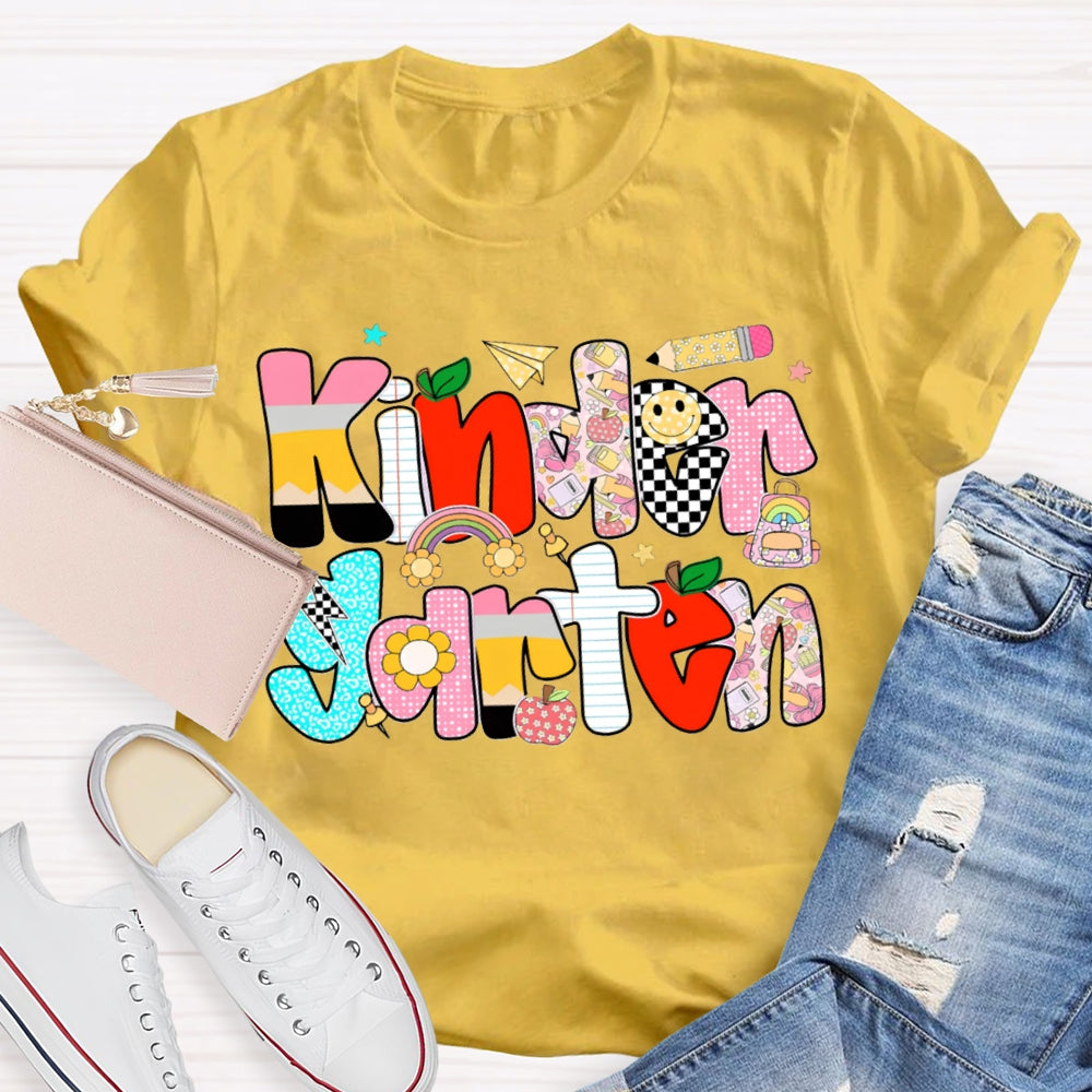 Personalized Grade Kindergarten Colored Letters Teacher T-shirt
