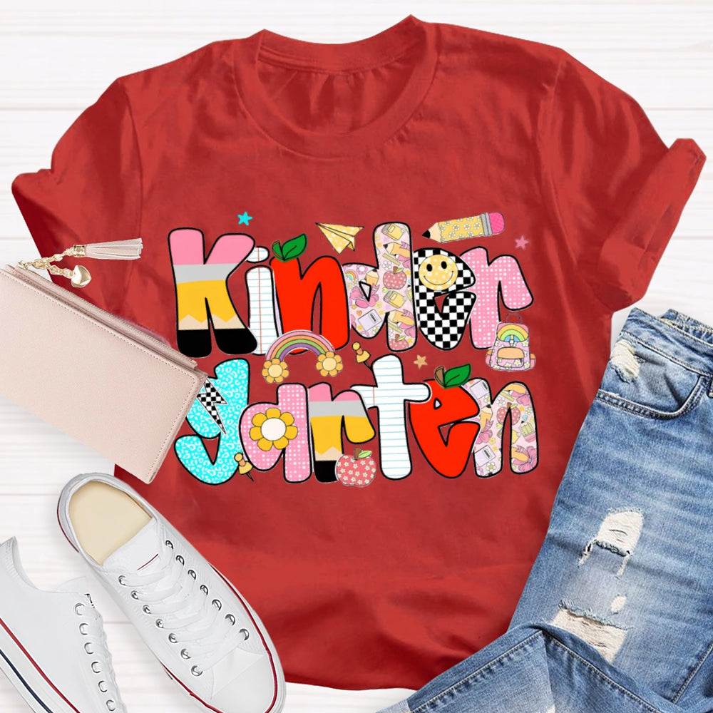 Personalized Grade Kindergarten Colored Letters Teacher T-shirt