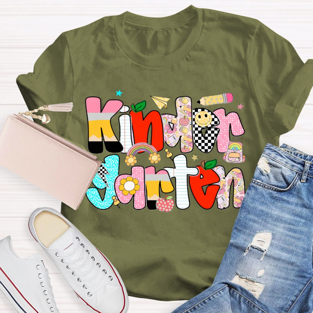 Personalized Grade Kindergarten Colored Letters Teacher T-shirt