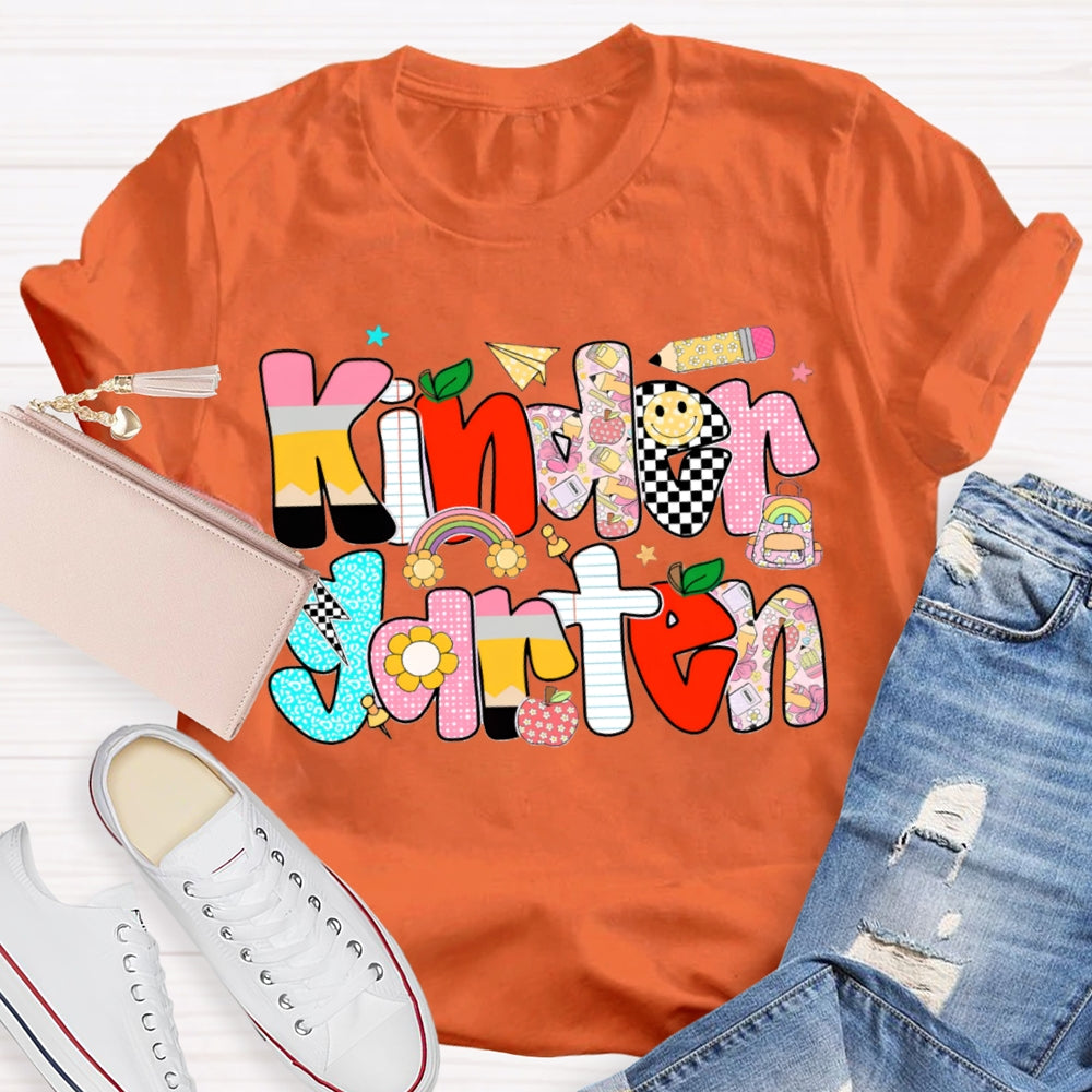 Personalized Grade Kindergarten Colored Letters Teacher T-shirt