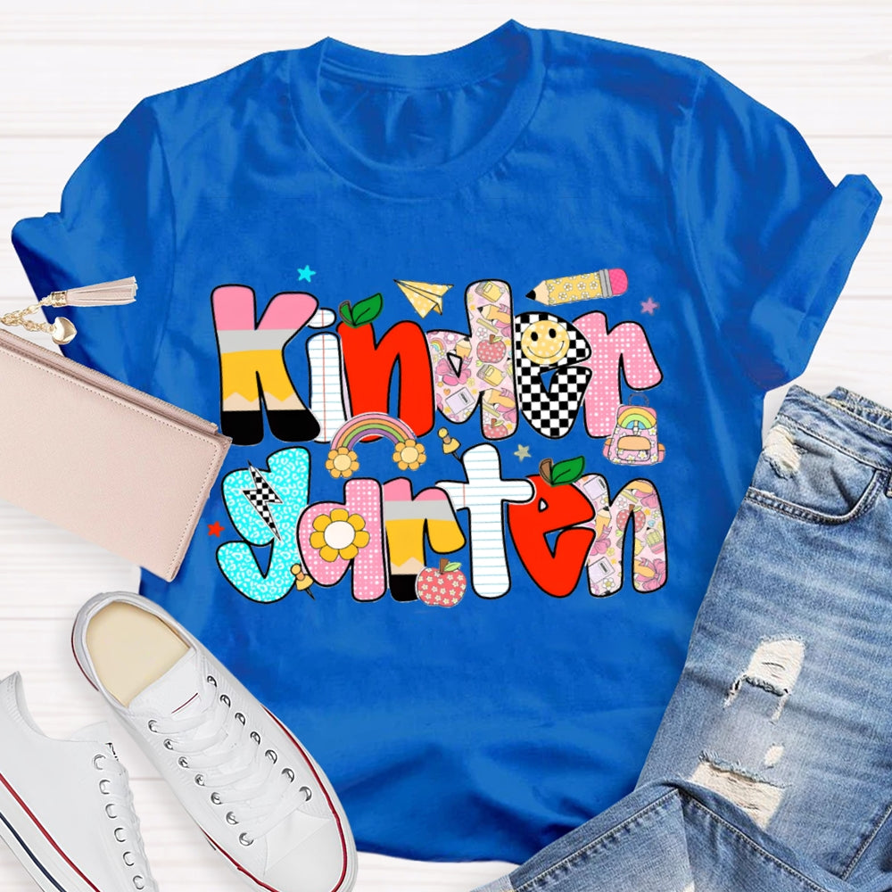 Personalized Grade Kindergarten Colored Letters Teacher T-shirt