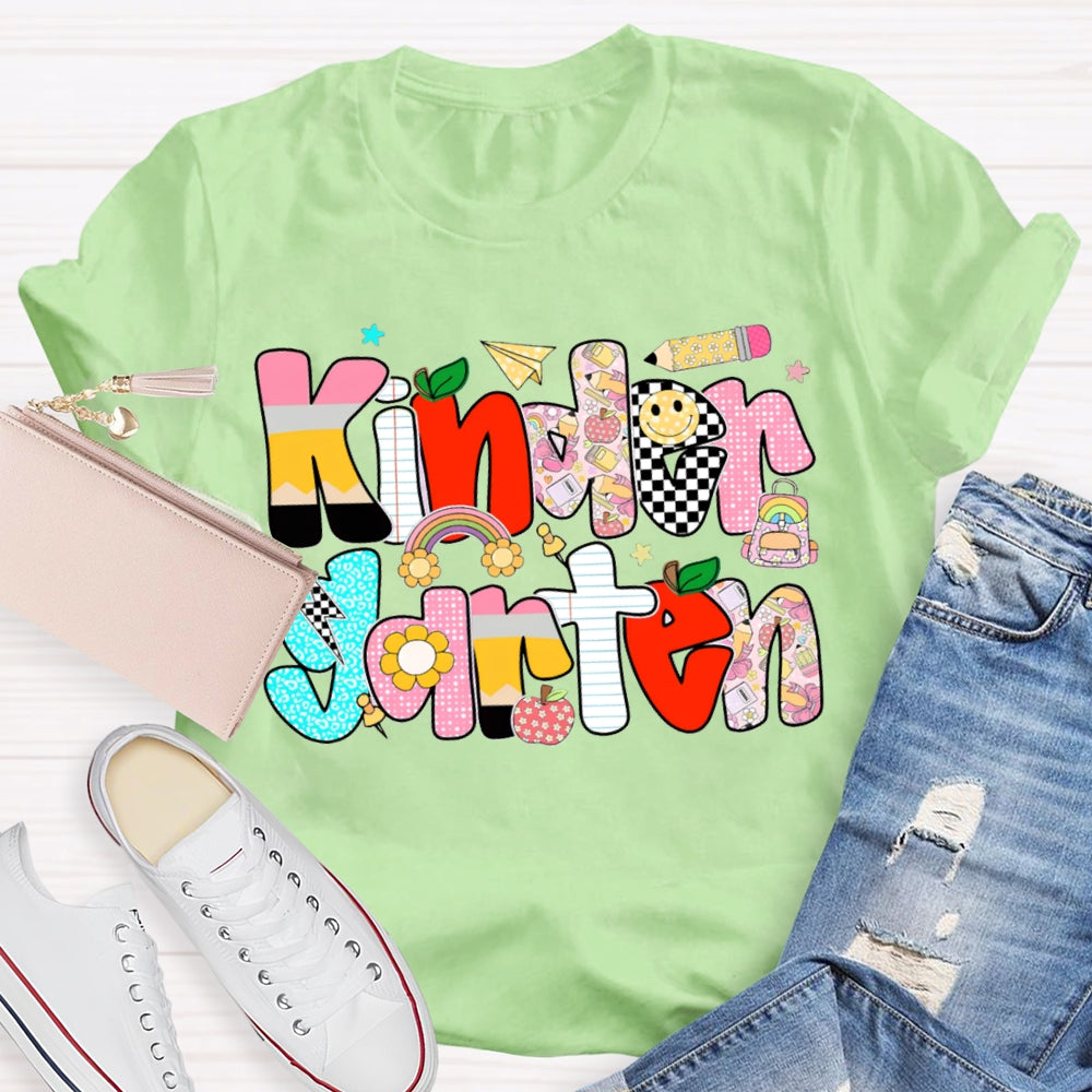 Personalized Grade Kindergarten Colored Letters Teacher T-shirt