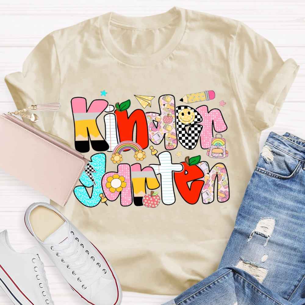 Personalized Grade Kindergarten Colored Letters Teacher T-shirt