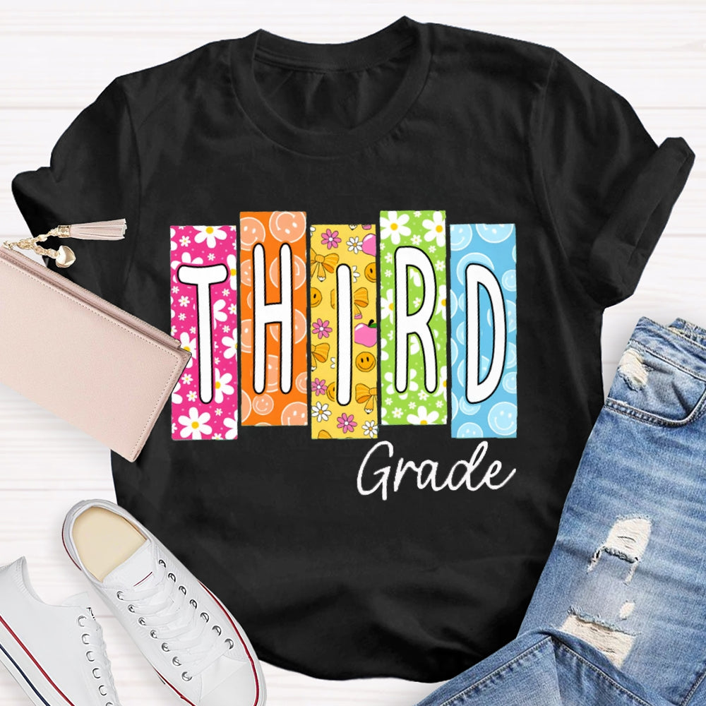 Personalized Grade Colorful Pattern Block Letters Teacher T-shirt