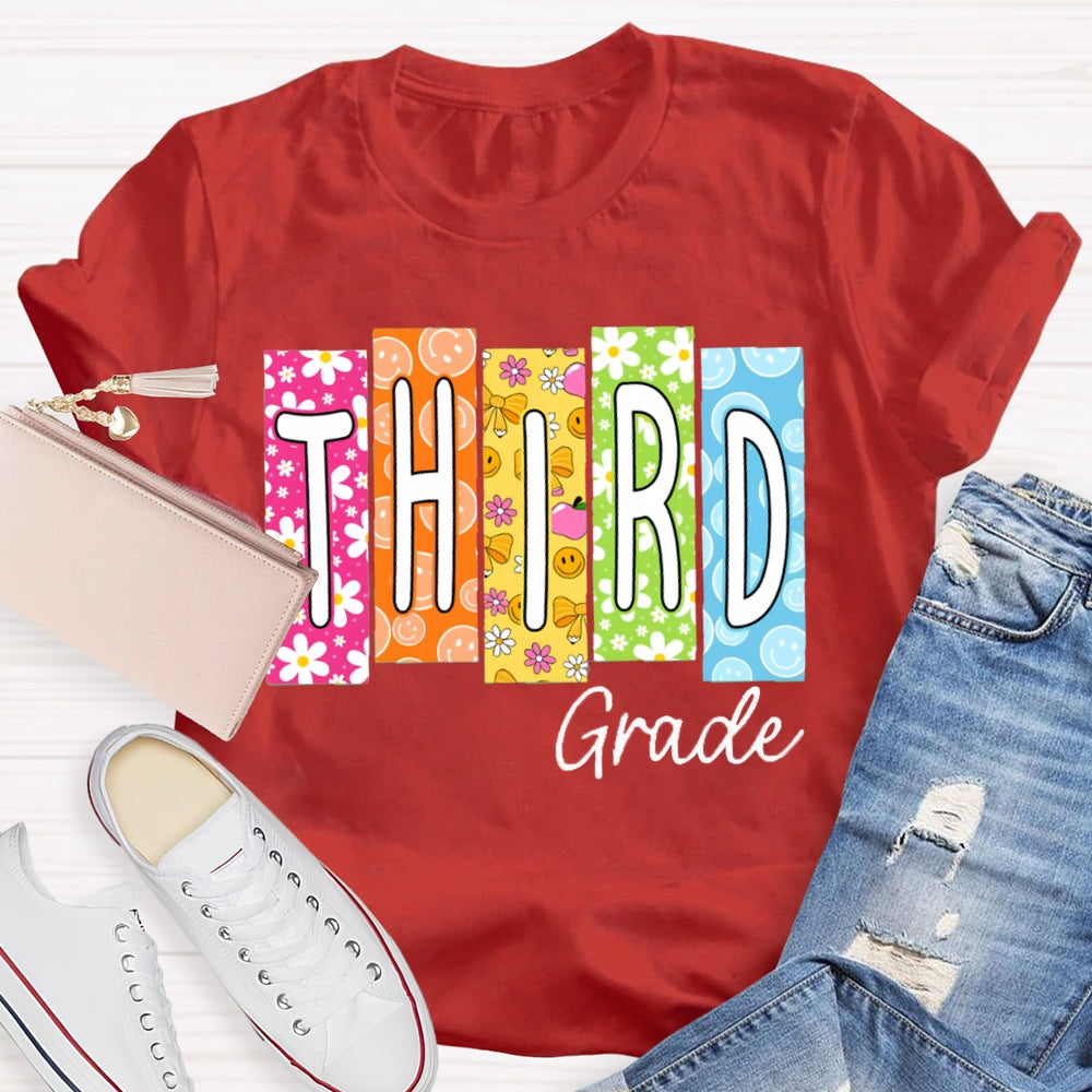 Personalized Grade Colorful Pattern Block Letters Teacher T-shirt