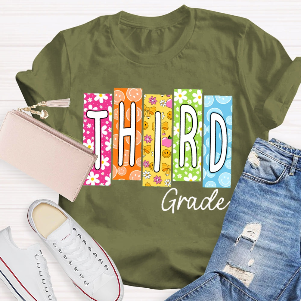 Personalized Grade Colorful Pattern Block Letters Teacher T-shirt