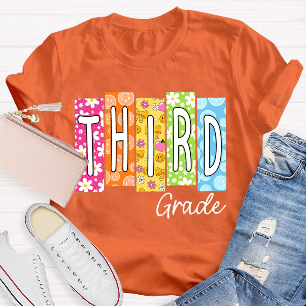 Personalized Grade Colorful Pattern Block Letters Teacher T-shirt