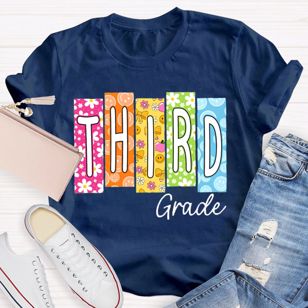 Personalized Grade Colorful Pattern Block Letters Teacher T-shirt