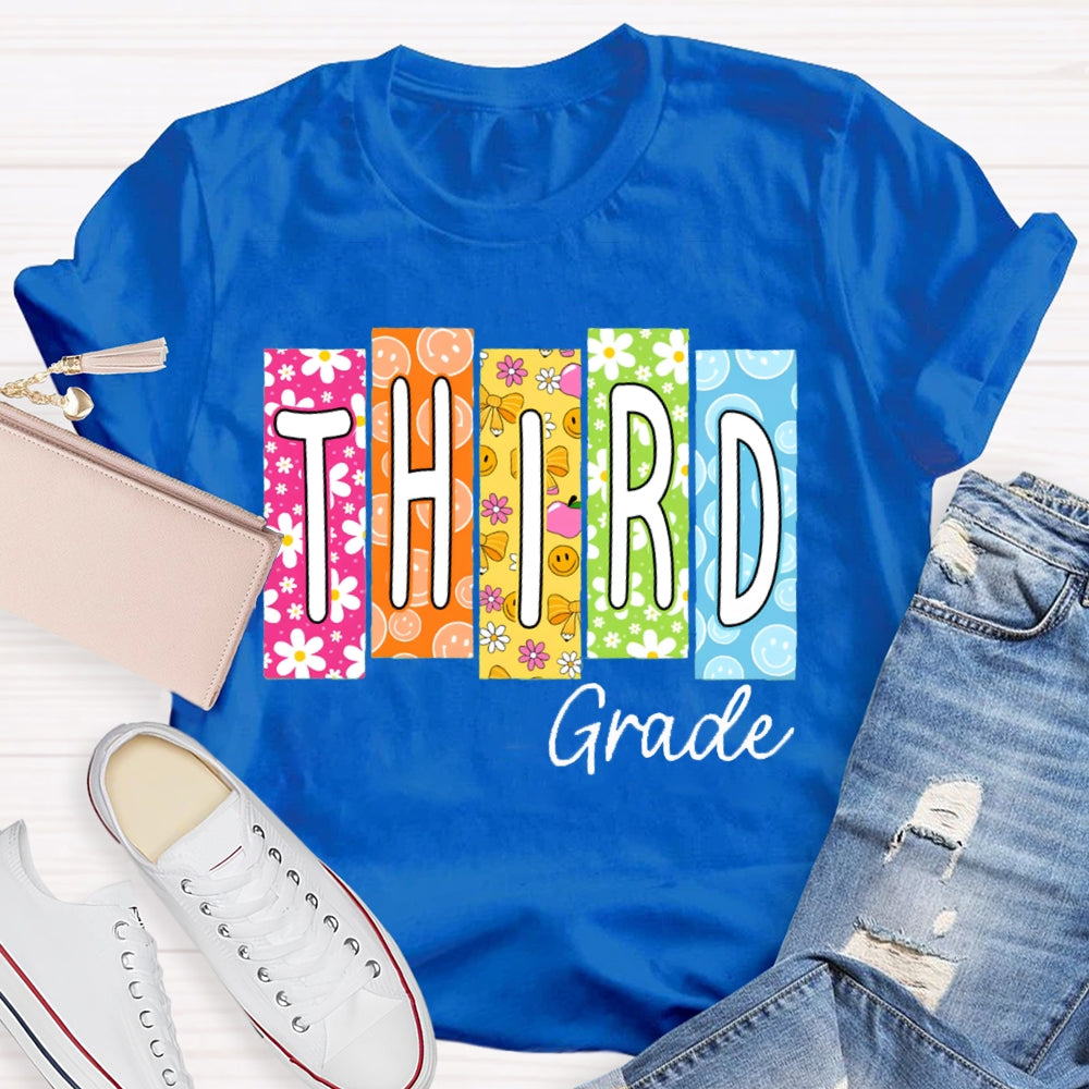 Personalized Grade Colorful Pattern Block Letters Teacher T-shirt