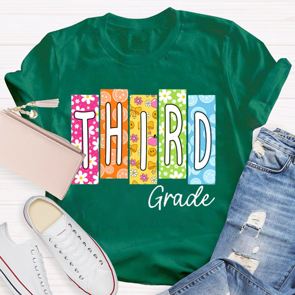 Personalized Grade Colorful Pattern Block Letters Teacher T-shirt