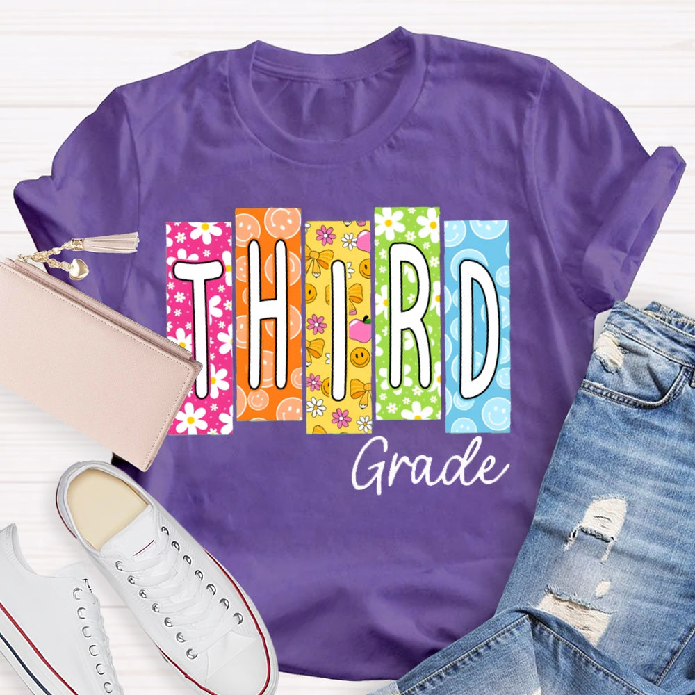 Personalized Grade Colorful Pattern Block Letters Teacher T-shirt