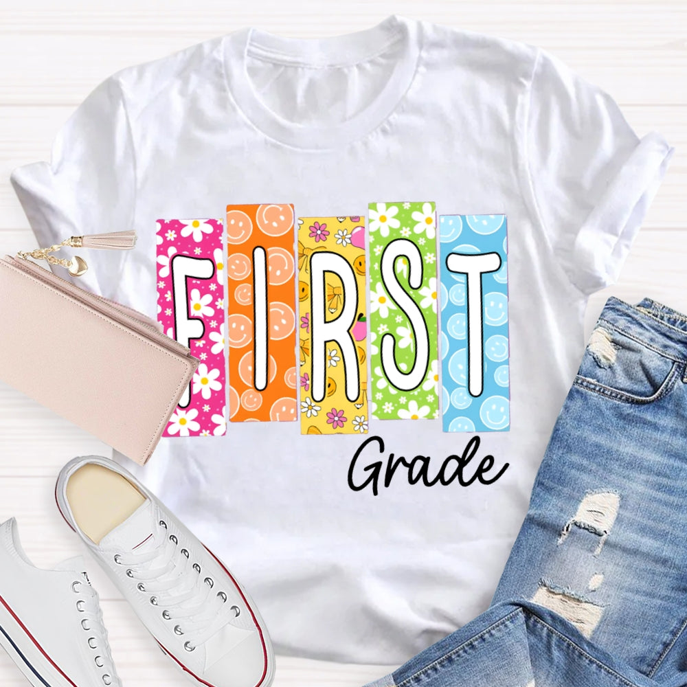 Personalized Grade Colorful Pattern Block Letters Teacher T-shirt