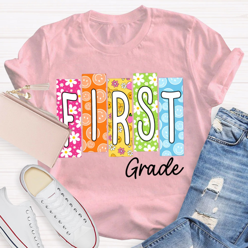 Personalized Grade Colorful Pattern Block Letters Teacher T-shirt