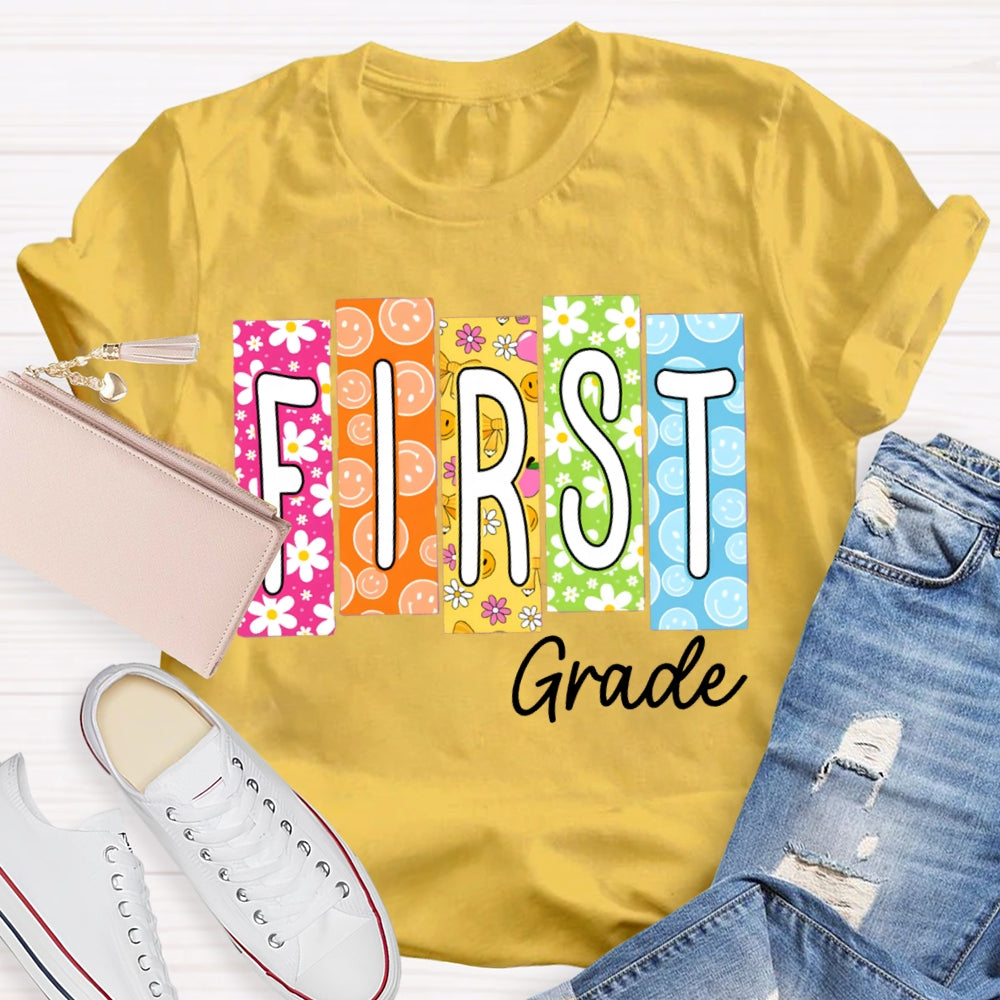 Personalized Grade Colorful Pattern Block Letters Teacher T-shirt