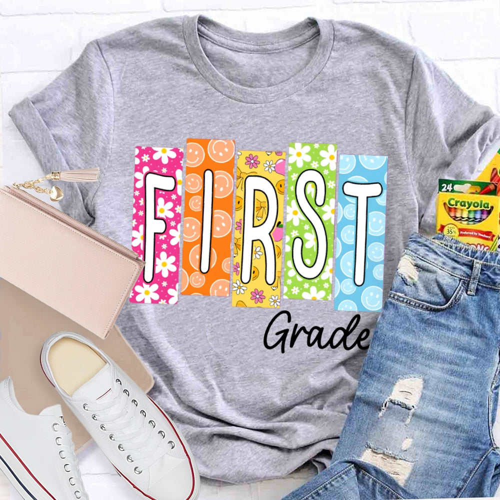Personalized Grade Colorful Pattern Block Letters Teacher T-shirt