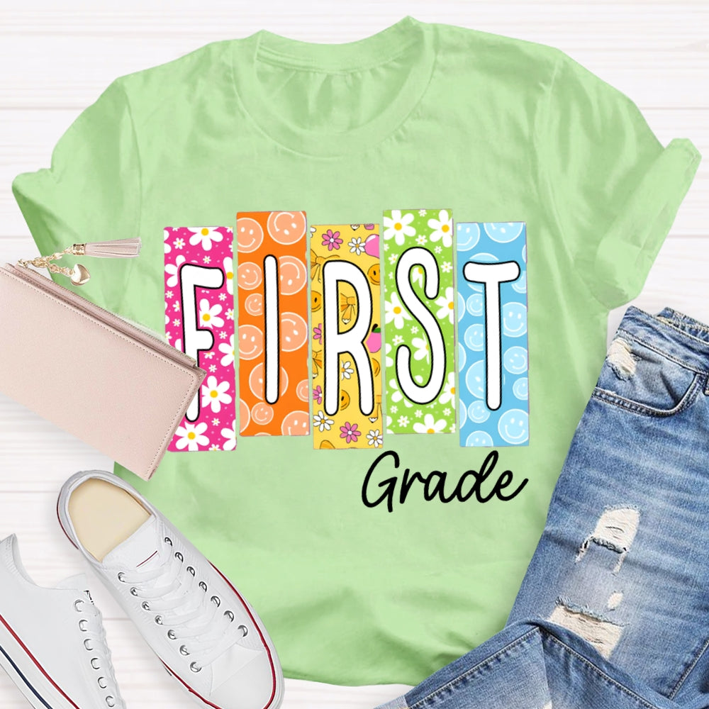 Personalized Grade Colorful Pattern Block Letters Teacher T-shirt