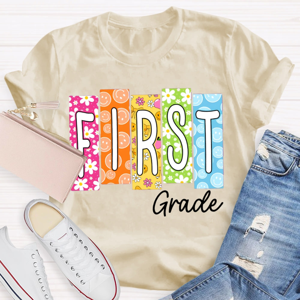 Personalized Grade Colorful Pattern Block Letters Teacher T-shirt