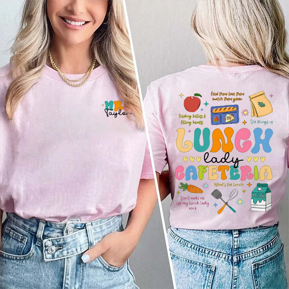 Personalized Name Lunch Lady Cafeteria Double Printed T-shirt