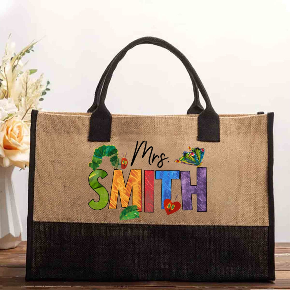Personalized Name Colorful Tie-Dye Letters Butterfly And Caterpillar Cotton Tote Bag