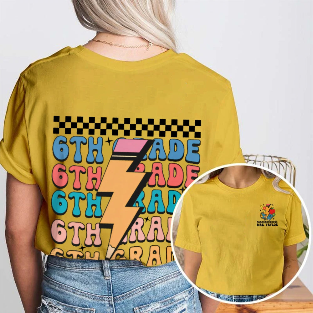 Personalized Name And Grade Funny Teacher Double Printed T-shirt