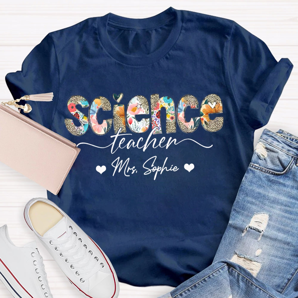 Personalized Name Science Teacher Colorful Leopard Print Letters T-shirt