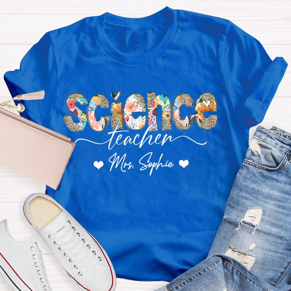 Personalized Name Science Teacher Colorful Leopard Print Letters T-shirt
