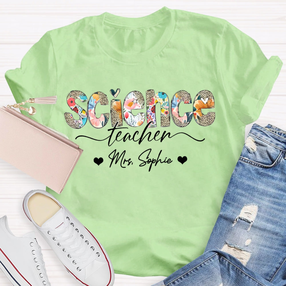 Personalized Name Science Teacher Colorful Leopard Print Letters T-shirt