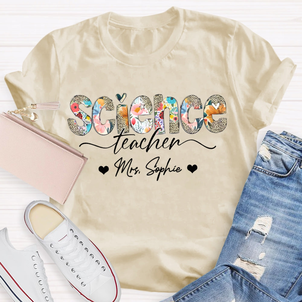 Personalized Name Science Teacher Colorful Leopard Print Letters T-shirt