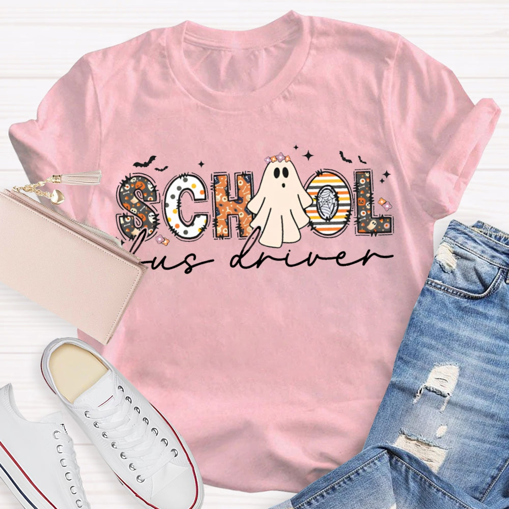 School Bus Driver Colorful Patterns And Ghost Combination Letters Halloween Funny T-shirt