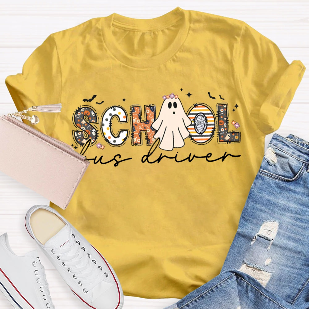 School Bus Driver Colorful Patterns And Ghost Combination Letters Halloween Funny T-shirt