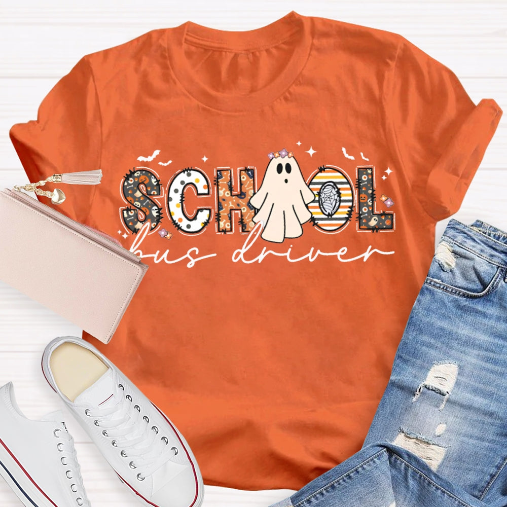 School Bus Driver Colorful Patterns And Ghost Combination Letters Halloween Funny T-shirt