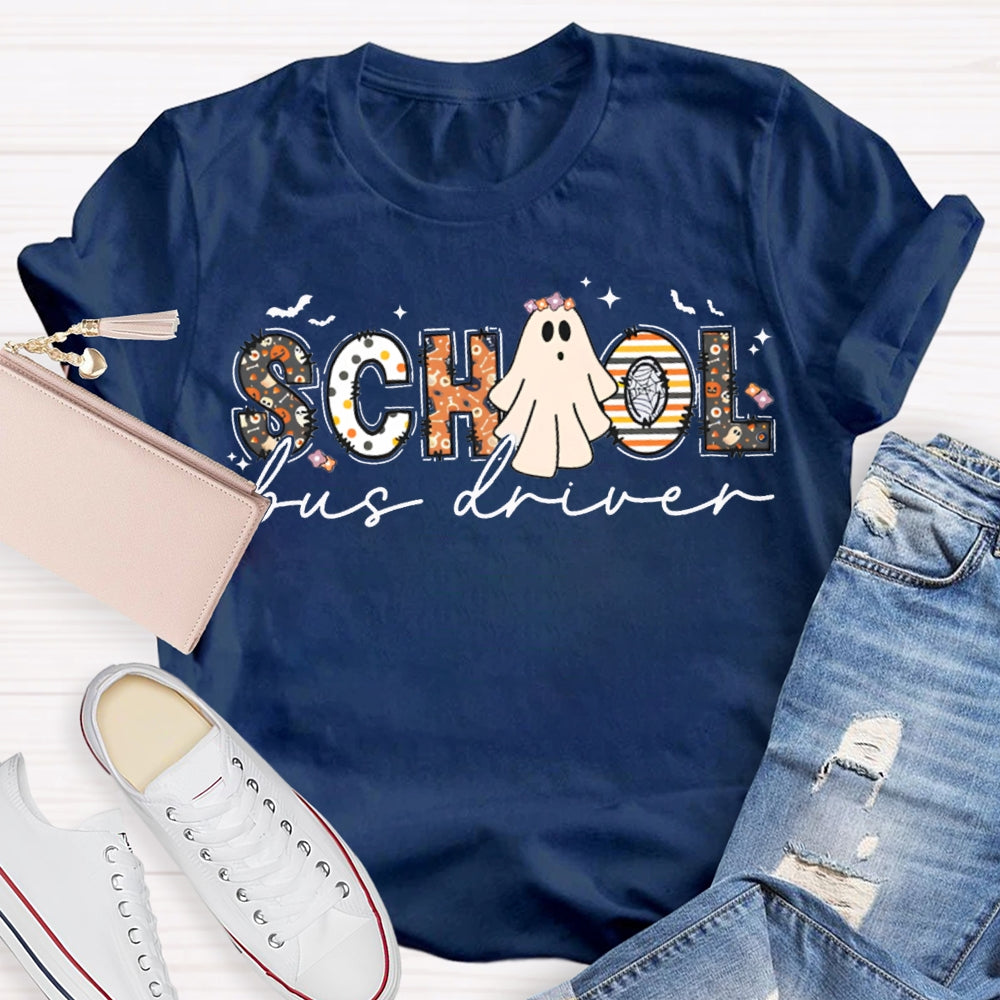 School Bus Driver Colorful Patterns And Ghost Combination Letters Halloween Funny T-shirt