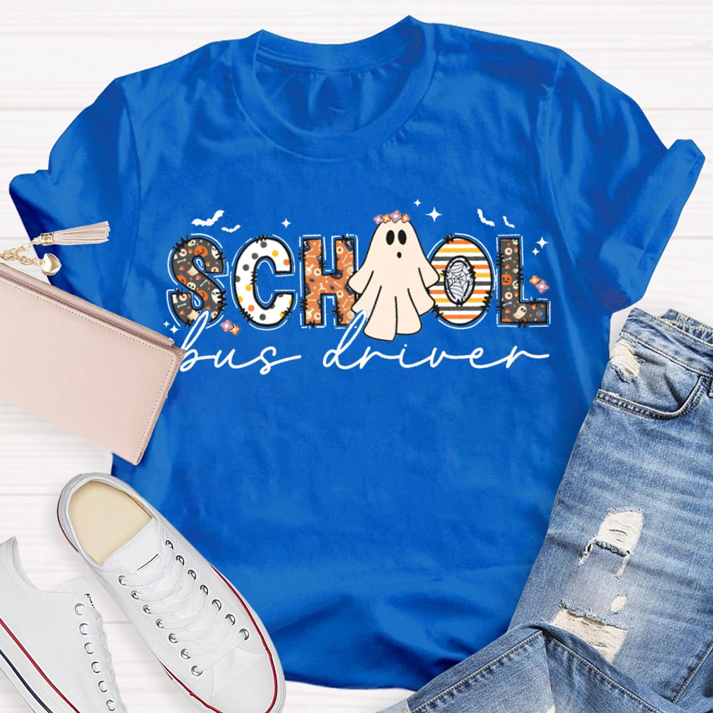 School Bus Driver Colorful Patterns And Ghost Combination Letters Halloween Funny T-shirt
