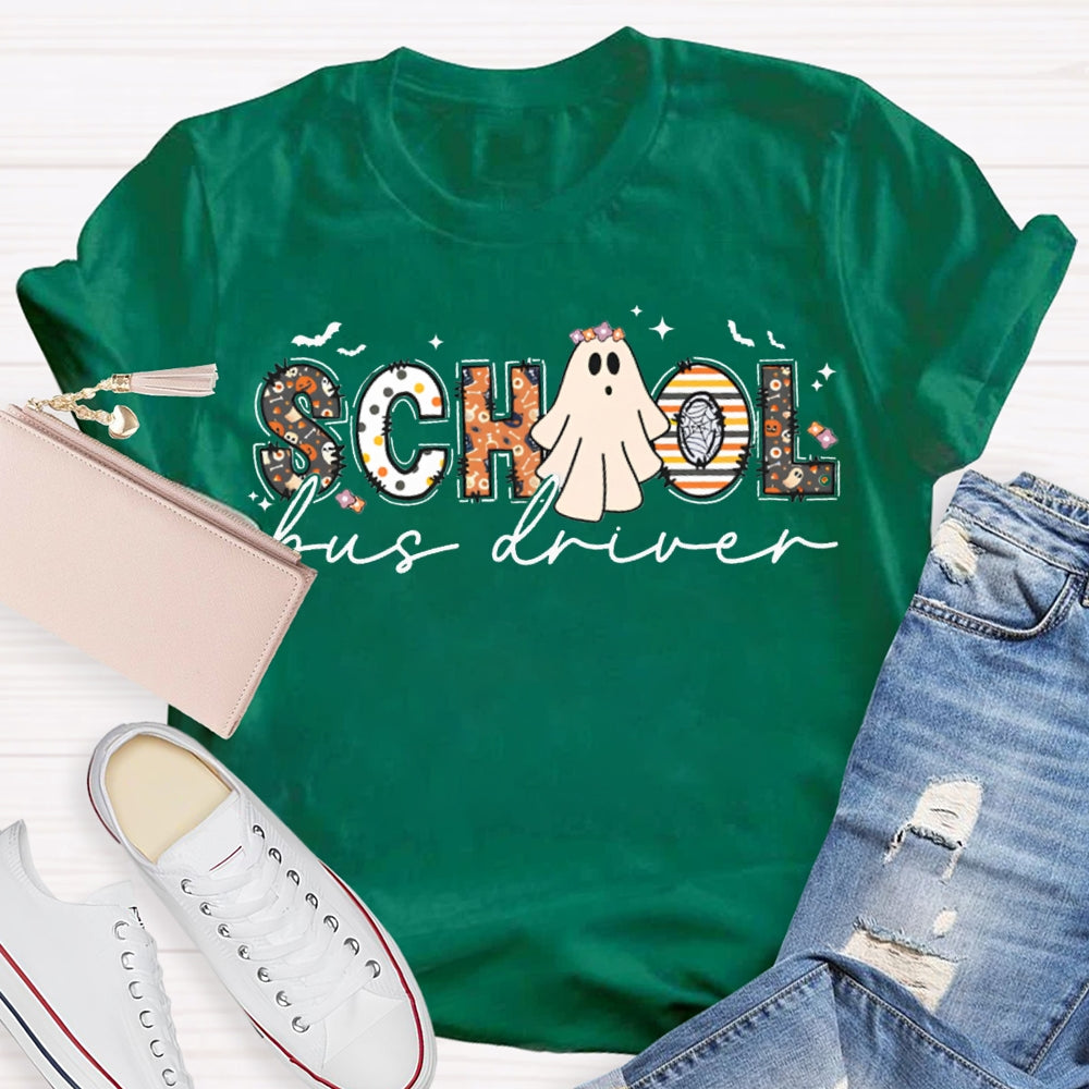 School Bus Driver Colorful Patterns And Ghost Combination Letters Halloween Funny T-shirt