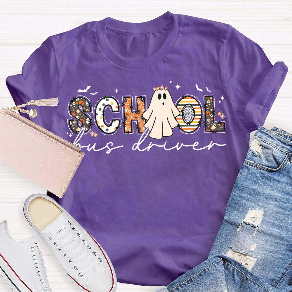 School Bus Driver Colorful Patterns And Ghost Combination Letters Halloween Funny T-shirt