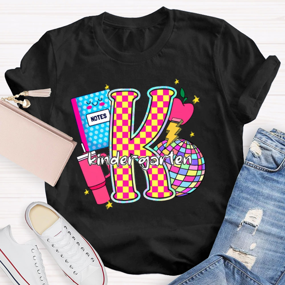 Personalized Grade Colorful Checkerboard Print K Is For Kindergarten T-Shirt