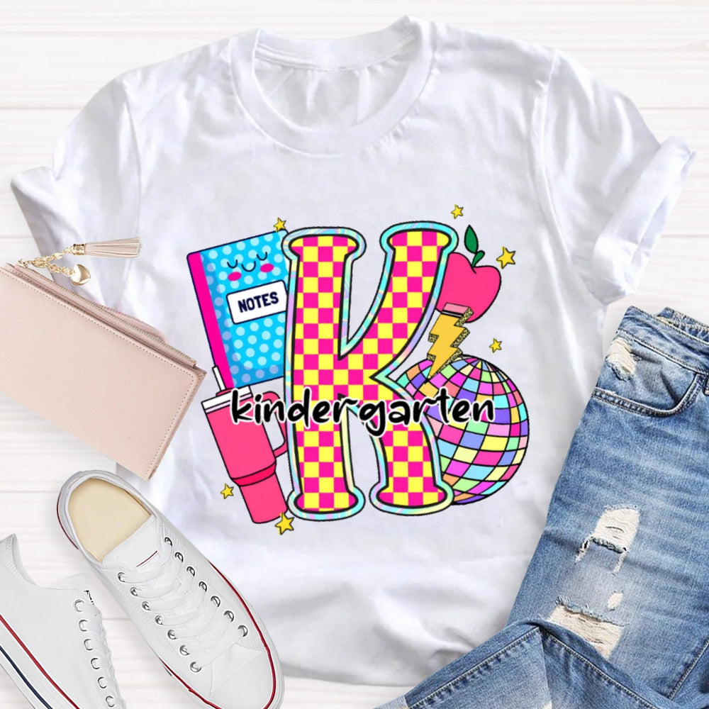 Personalized Grade Colorful Checkerboard Print K Is For Kindergarten T-Shirt