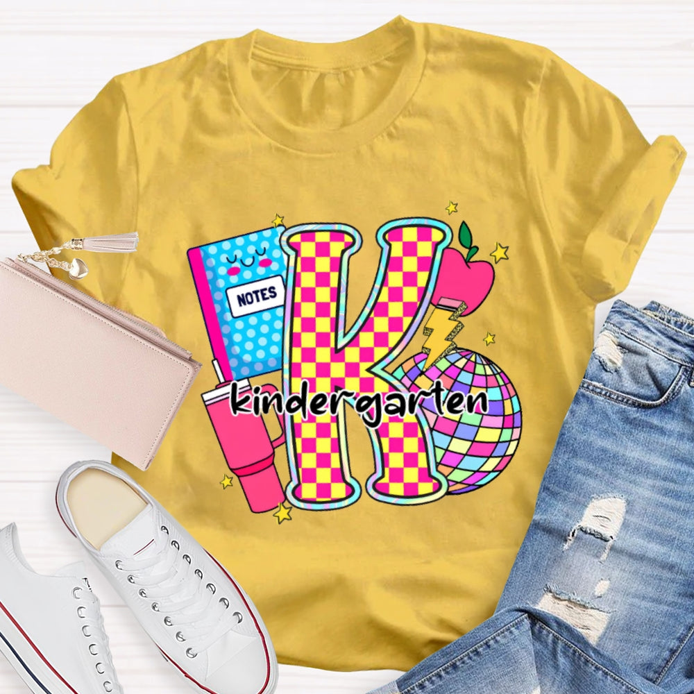 Personalized Grade Colorful Checkerboard Print K Is For Kindergarten T-Shirt