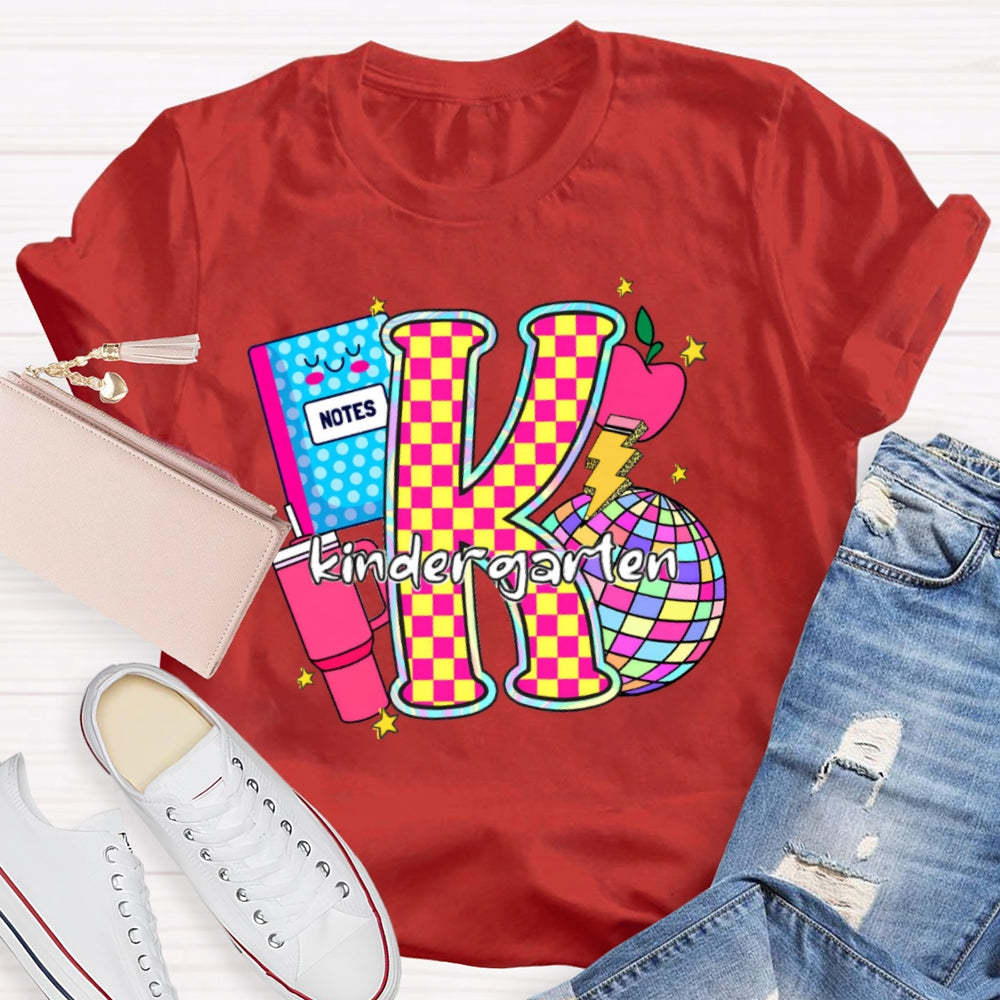 Personalized Grade Colorful Checkerboard Print K Is For Kindergarten T-Shirt