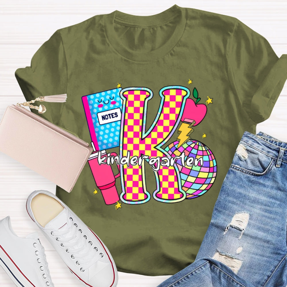 Personalized Grade Colorful Checkerboard Print K Is For Kindergarten T-Shirt