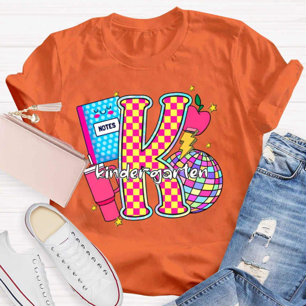 Personalized Grade Colorful Checkerboard Print K Is For Kindergarten T-Shirt