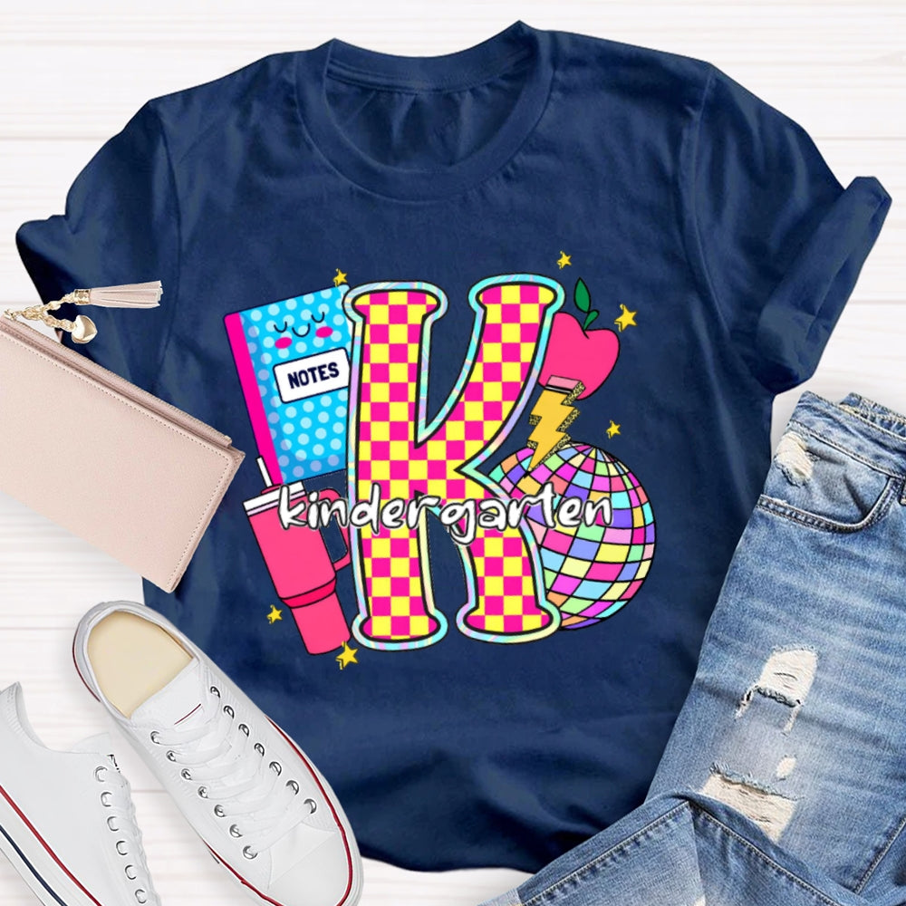 Personalized Grade Colorful Checkerboard Print K Is For Kindergarten T-Shirt
