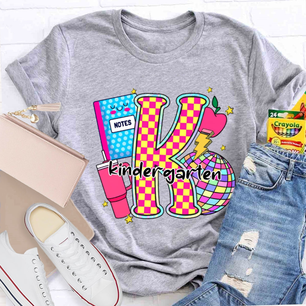 Personalized Grade Colorful Checkerboard Print K Is For Kindergarten T-Shirt