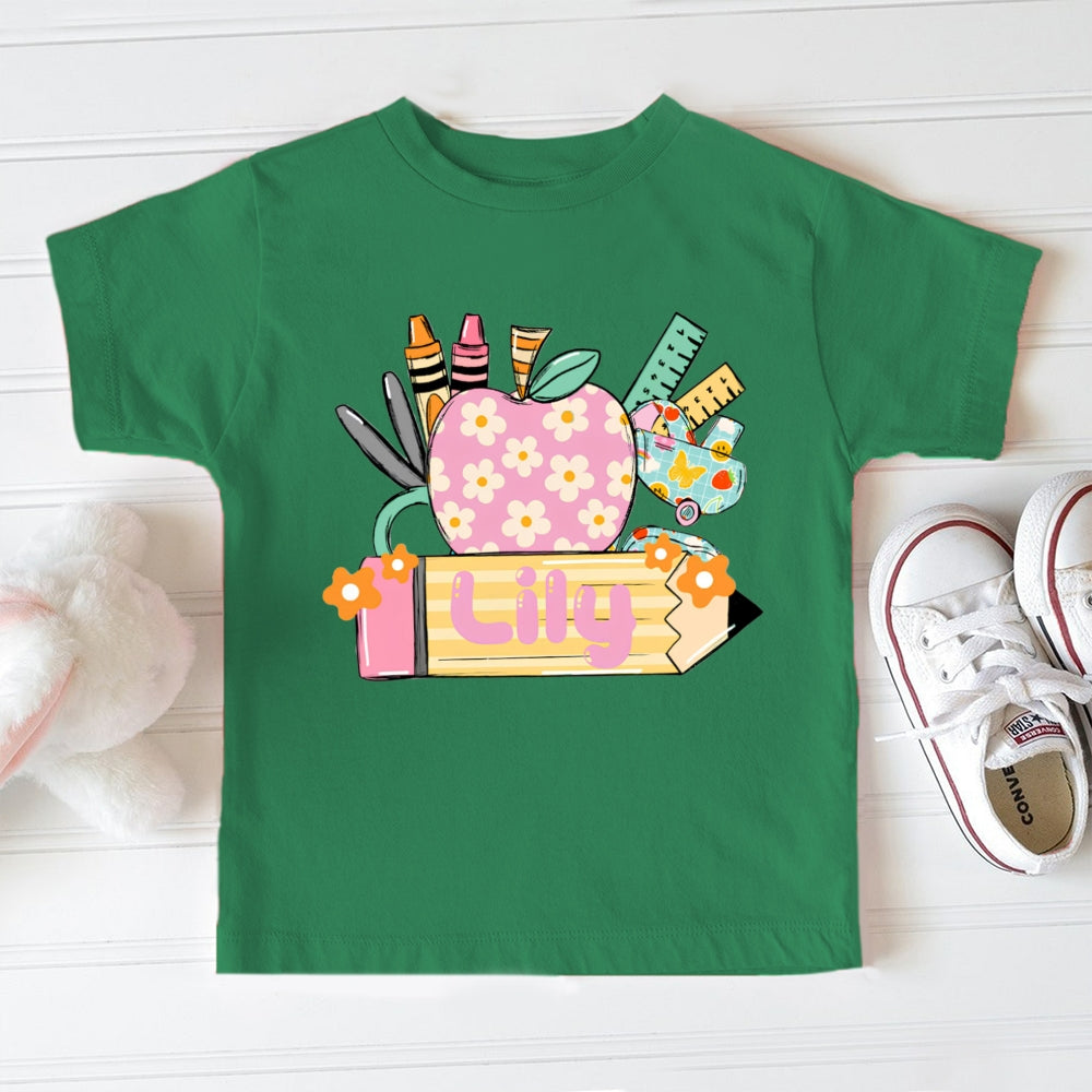 Personalized Name Small Flower Apple And Yellow Pencil Toddler&Kids Tees