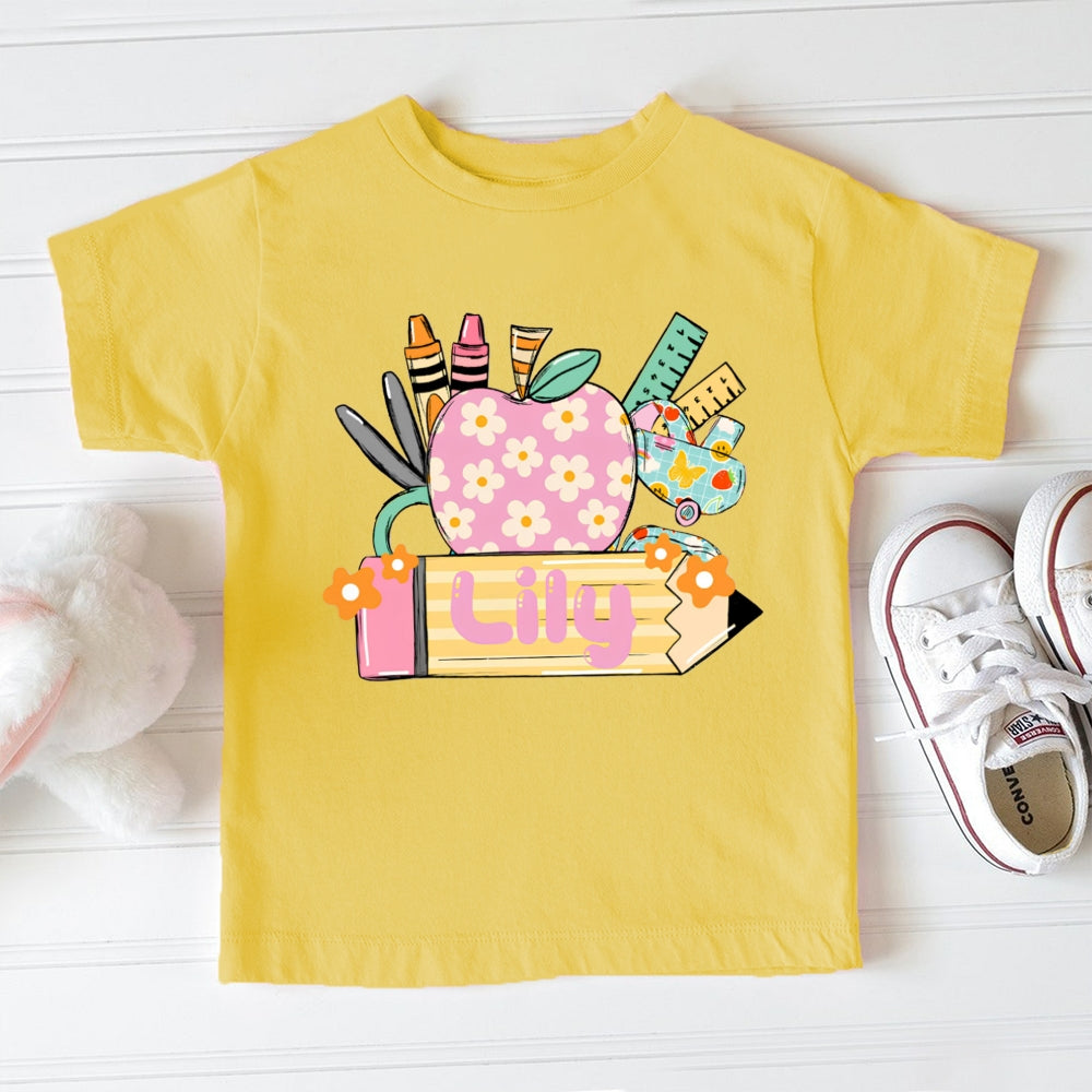 Personalized Name Small Flower Apple And Yellow Pencil Toddler&Kids Tees