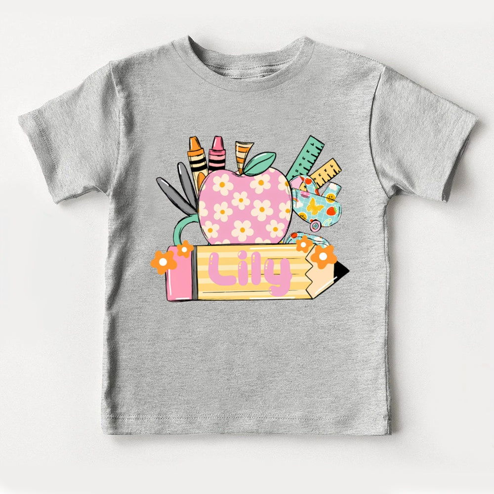 Personalized Name Small Flower Apple And Yellow Pencil Toddler&Kids Tees