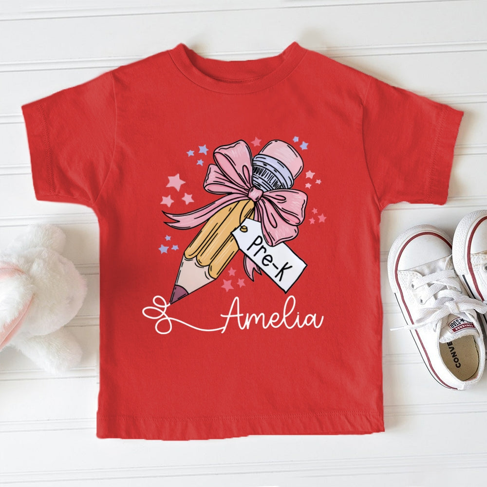 Personalized Name Pre-K Pink Bow Pencil And Small Heart Toddler&Kids Tees